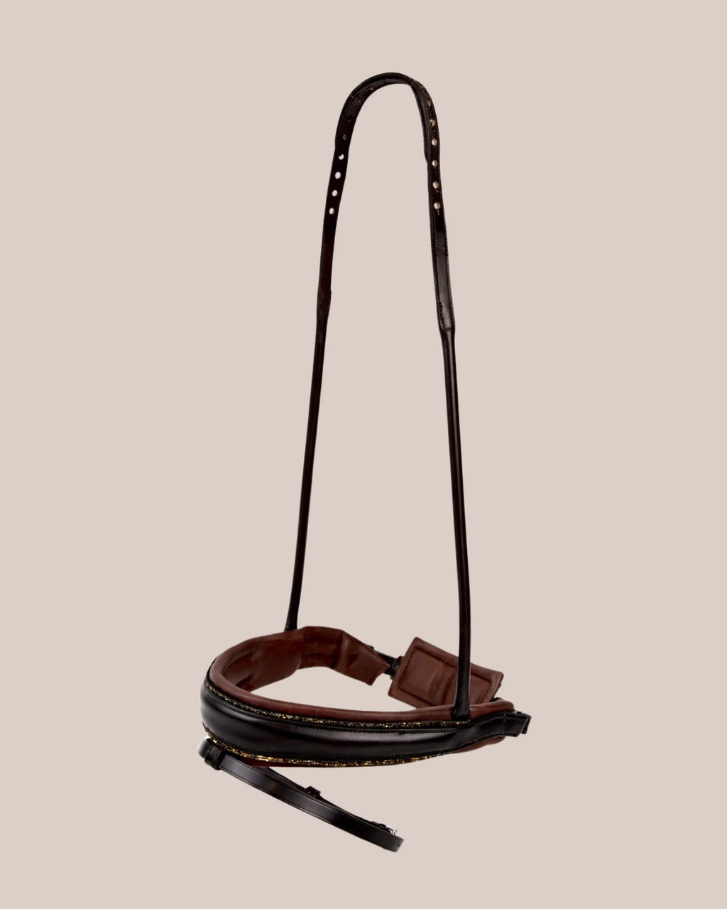 Round-Stitched Dressage Noseband – Matte with Crystals (Brown) | No. 100